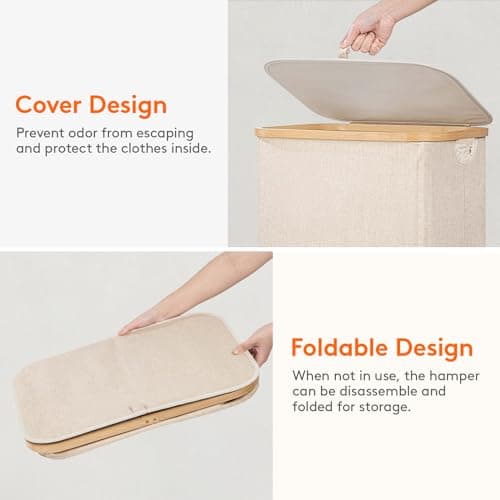 Lifewit 100L Laundry Basket with Lid, Clothes Hampers for Laundry with Bamboo Handles and 1 Removable Bag, Large Foldable Laundry Hamper for Bedroom, Bathroom, Dorm, Laundry Room, Beige 7
