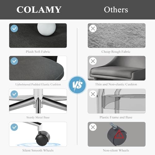 COLAMY Comfy Office Desk, Upholstered Fabric Computer Desk, Criss Cross with Wheels and Armrests, Swivel Adjustable Vanity for Home, Makeup, Office, Bedroom, Darkgrey 7