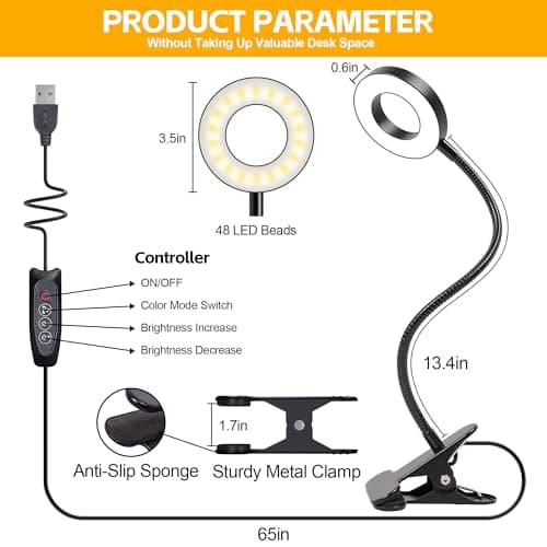Foneso Desk Lamp Clip on Light, 48 LED USB Lamp with 3 Color Modes 10 Brightness Levels, 360° Flexible Gooseneck Eye Protection Bed Night Light for Reading, Makeup, Craft (Black) 7