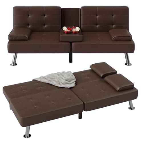 Flamaker Futon Sofa Bed Modern Folding Futon Set Convertible Recliner Lounge for Living Room with 2 Cup Holders, Removable Armrests (PU Leather, Brown)