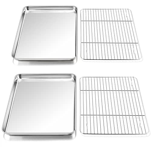P&P CHEF 16 Inch Stainless Steel Baking Sheet with Rack Set (2 Pans+ 2 Racks), Cookie Sheets Baking Trays and Cooling Wire Racks, Oven & Dishwasher Safe, Pans with Flat Racks