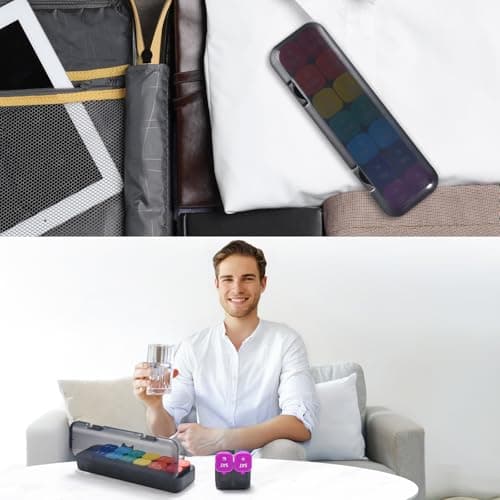 Fullicon Moisture-Proof Pill Organizer 2 Times a Day, Weekly Pill Boxes & Organiser with Silicone Lids, Large Capacity AM PM Pill Organizer 7 Day, Travel Pill Case for Vitamins (Black Rainbow) 8