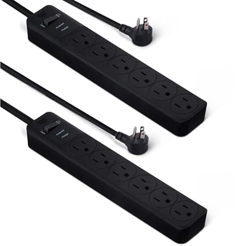 Amazon Basics Rectangle 6-Outlet Surge Protector Power Strip with Circuit Breaker, 600 Joule, 2ft Cord, Black, 2-Pack