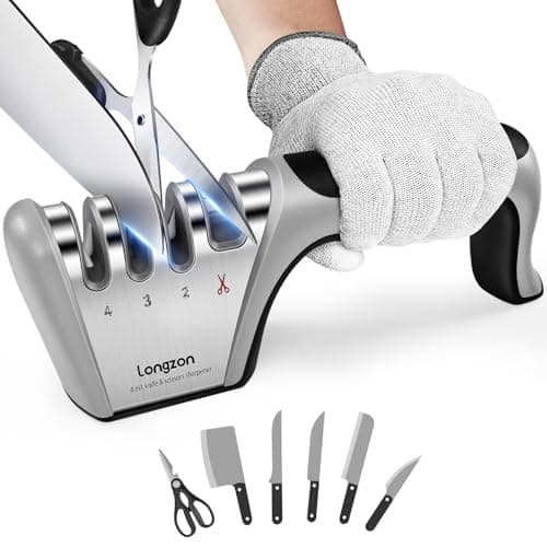 Longzon 5-in-1 Knife Sharpener [4 Stage] with a Pair of Cut-Resistant Glove,Original Premium Polish Blades, Best Kitchen Knife Sharpener Works for Fruit and Steel Knives, Scissors(Black+Silver)
