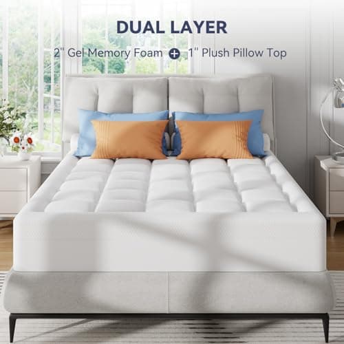 ELEMUSE Queen Size Dual Layer 3 Inch Memory Foam Mattress Topper,Cooling Gel Memory Foam Pillow Top Mattress Pad Cover for Back Pain Relief 6