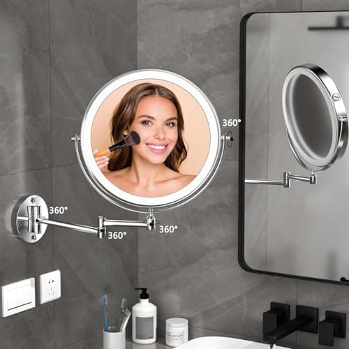 Hasipu 10-Inch Wall Mounted Makeup Mirror with Magnification, Rechargeable 3000 mAh Vanity Mirror with Lights, Bathroom Mirror with Dimmable Brightness, 3 Lighting Modes, Extendable Arm, Chrome 9