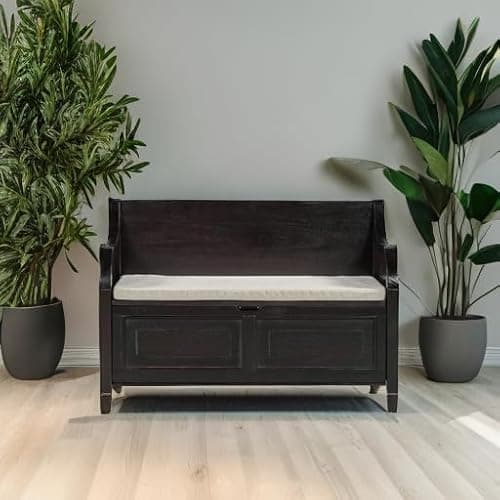 Bellemave Storage Bench with Safety Hinge Wooden Entryway Benches with Shoe Cabinets Under Seat Multifunctional Storage Bench for Entryway, Foyer or a Mudroom (Espresso + Beige) 5