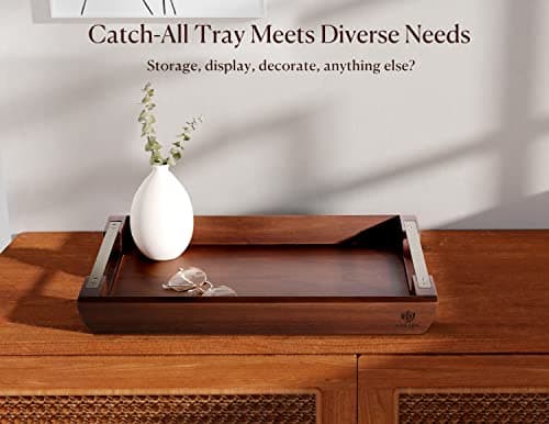 Dofira Acacia Wood Serving Tray with Metal Handles, 17x13in Food Drinks Tray for Coffee Table, Breakfast, Dinner & Bar, Rustic Decorative Storage Tray for Ottoman, Kitchen, Elegent Gift Packaging 7