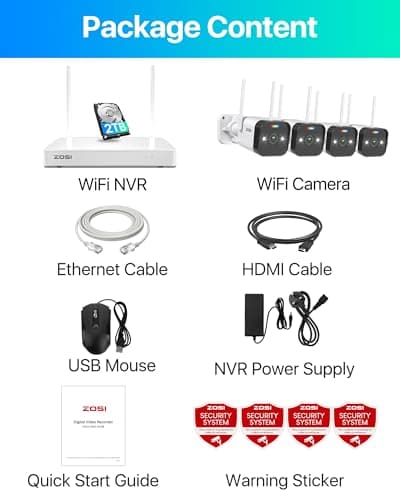 ZOSI 2.5K WiFi Security Camera Wireless Outdoor System,2TB HDD,8 Channel NVR for 24/7 Recording,4 x 4MP Cameras for Home with Color Night Vision,Person Vehicle Detection,2-Way Talk,Siren Alarm,Plug-in 9