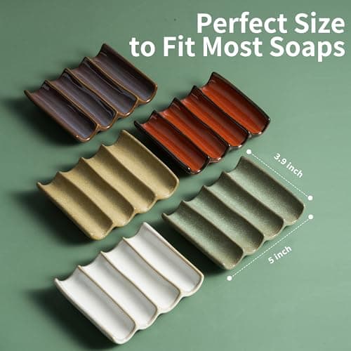 Cormomu Draining Ceramic Soap Dish - Fluted Design, Bar Soap Holder for Shower & Bathroom, Soap Saver Sponge Lift, Green 5