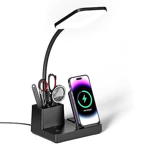Vicsoon Desk Lamp with Wireless Charger USB Charging Port, Eye-Caring Desk Lamp for Home Office with Pen Holder, Dimmable Table Lamps 3 Color Modes