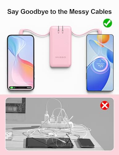 miisso Ultra Slim 10000mAh Power Bank Built-in Cables and Foldable AC Wall Plug, Pocket Size USB C Portable Charger, External Battery Pack Compatible with iPhone Samsung, Pink 8