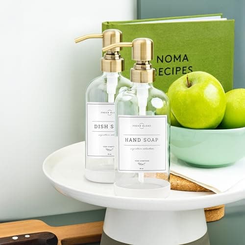 Vine Creations Clear Glass Soap Dispenser, 2 Pack Kitchen Soap Dispenser Set with Stainless Steel Pump, 16 oz Dish Soap and Hand Soap Dispensers for Bathroom with Waterproof Labels 8