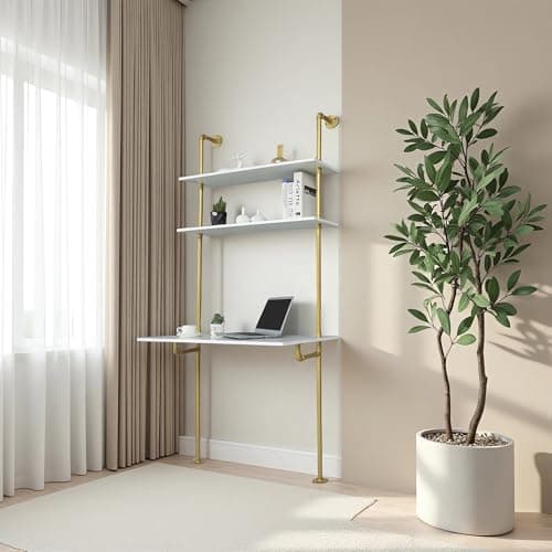 MAIKAILUN White and Gold Desk, 36" Ladder Desk, Wall Mount Computer Writing Table Pipe Shelf Shelving Mini Narrow Industrial Modern for Small Spaces(36x20x81) 5