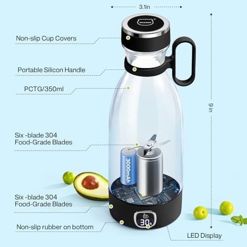 MIAOKE Portable Blender, 6 Blades Juicer Cup for Juice Shakes and Smoothies 350ml Mini Blender with Led Display Usb Rechargeable,3000Mah Rechargeable Battery, for Home Sports Outdoors Travel-Black 5