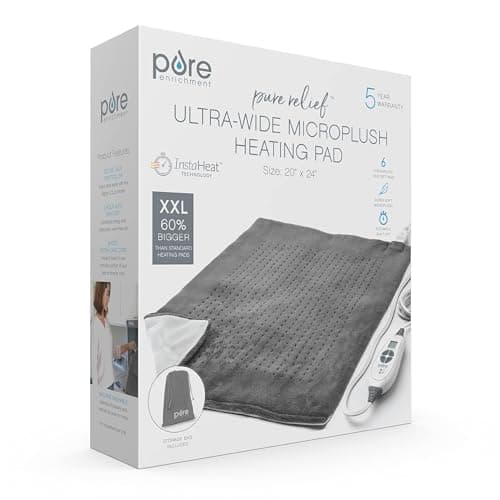 Pure Enrichment PureRelief Ultra-Wide Microplush Heating Pad - 20” x 24” XXL Size & 6 Heat Settings for Temporary Neck, Shoulder & Back Pain Relief - Moist Heat Option & Machine Washable (Gray) 8