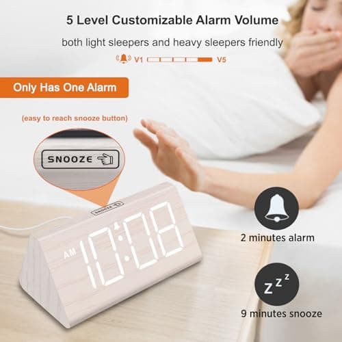 DreamSky Wooden Digital Alarm Clock for Bedroom - Living Room Desk Clock with Large Numbers, Bedside Nightstand Clock with USB Port, Adjustable Volume, Dimmer, DST, Office Wood Décor, Adapter Powered 6