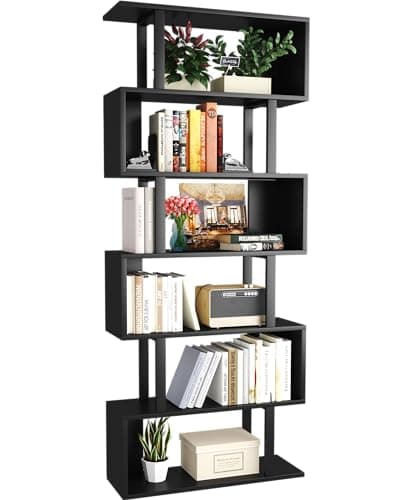 Yusong S Shaped Bookshelf, Modern Geometric Bookcase, 6-Tier Black Display Case Book Shelf