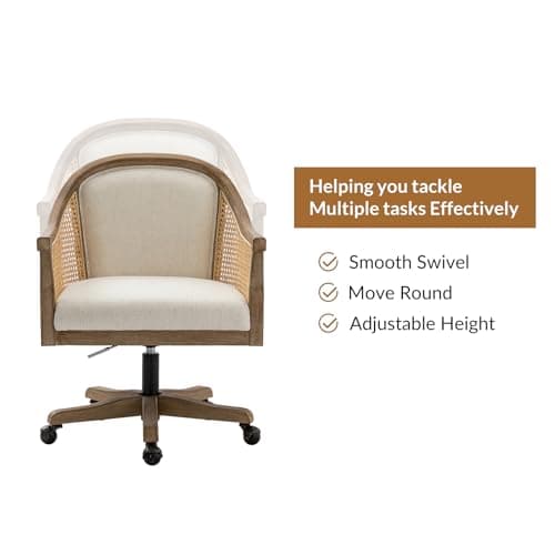 TINA'S HOME Rattan Desk Chair, Upholstered Home Office Chair with Armrest, Adjustable Swivel Rolling Height Computer Task Chair for Living Room Bedroom Study Room, Ivory 5
