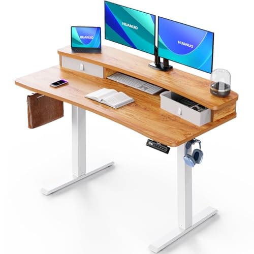 HUANUO 48″ x 24″ Electric Standing Desk with 2 Drawers, C-Clamp Mount Compatible, Height Adjustable Computer Desk, Home Office Stand Up Desk with 4 Preset Heights & 2 Hooks, Light Vintage