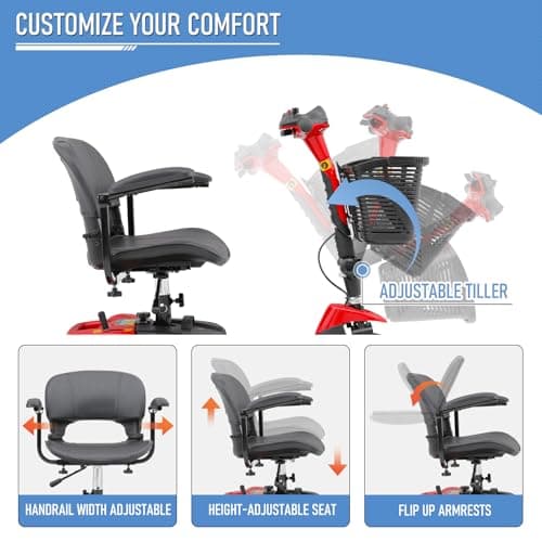 monicare 3-Wheel Folding Mobility Scooter for Adults 12-Mile Long Range Foldable Heavy-Duty Mobility Scooter for Seniors with Basket (Red) 8