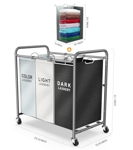 ROMOON Laundry Sorter Hamper 3 Section, Divided Laundry Basket Organizer with Heavy Duty Lockable Wheels and Removable Bags, Rolling Clothes Hamper for Apartment, Dorm & Family (130L Multicolor) 7