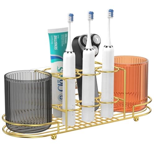Aolldy Toothbrush Holders with 2 Cup - Wall Mount Electric Toothbrush Holder Gold Stainless Steel Electric Razor Holder Toothpaste Holder Bathroom Organizer