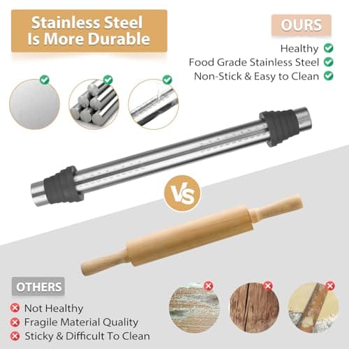 Adjustable Rolling Pin with Thickness Rings for Baking -Non Stick Stainless Steel Dough Roller Pin with Bands for Cookie,Wood,Wooden and Bread (Grey, 15.8 '') 8