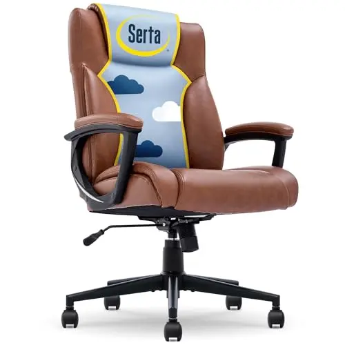 Serta Connor Executive Office Chair, Ergonomic Computer Chair with Layered Body Pillows, Contoured Lumbar, Adjustable Seat Height, Bonded Leather, Cognac