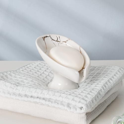 Soap Dish, Soap Holder Self Draining Leaf Shape Soap Dishes, Ceramic Drain Soap Dish for Sink Bathroom Shower Kitchen, Easy to Clean Keeps Soap Dry, Cream White & Gold Marble Pattern, ANTIS'S HOME 8