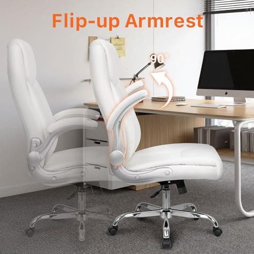 NEO CHAIR Ergonomic Office Desk Gaming Computer Chair Executive High Back Support Flip-up Arms Adjustable Height Swivel Rolling Wheels Comfy PU Leather for Home (White) 6
