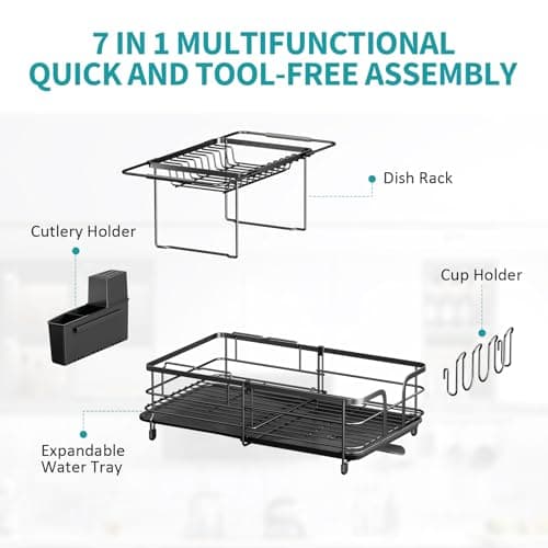 Urackify 2 Tier Dish Drying Rack, Expandable Dish Rack for Kitchen Counter, Adjustable Over The Sink Dish Drainer, Large Multifunctional Dish Strainer with Removable Top Shelf for in Sink Use, Black 8