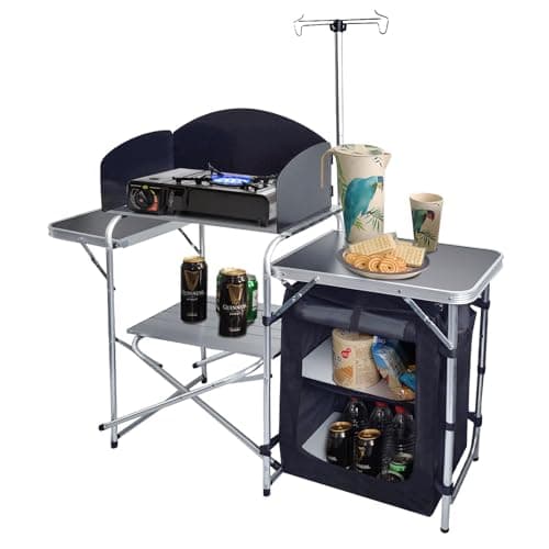 CampLand Folding Camping Kitchen Table with Windscreen,Portable Outdoor Cooking Station with Storage Cabinet & Side Tables Heavy Duty Camp Cook Station for Camping & BBQ (Black)