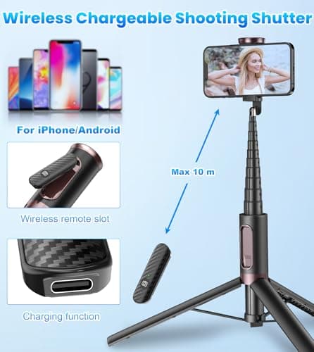 TONEOF 67" Magnetic Cell Phone Selfie Stick Tripod,Smartphone Stand All-in-1 with Integrated Wireless Remote,Portable,Lightweight,Extendable for iPhone/Android(Black) 5