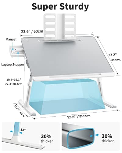 Laptop tray, SAIJI 60*45cm Table lap for bed, Multi-purpose Premium Lapdesk, Height Angle adjustable, with Book Stand, Drawer, Tablet slot, for Eating, Working, Writing, Gaming, Drawing (Light Grey) 5