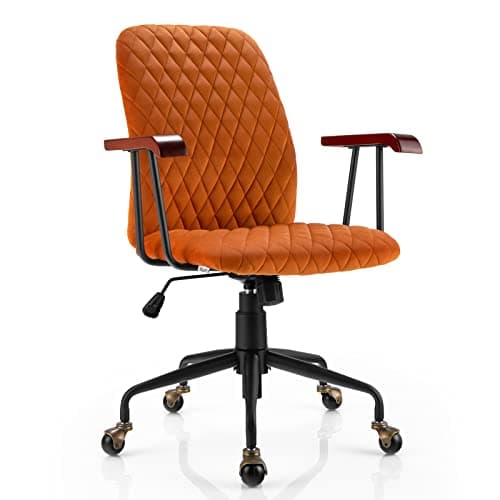 Giantex Home Office Desk Chair Orange, Vintage Adjustable Swivel Rolling Chair with Copper Wheels & Armrest, Mid Century Leisure Chair, Velvet Upholstered Computer Chair for Work, Study