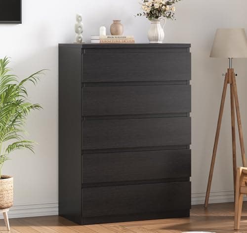 Jocoevol Black Modern 5 Drawer Dresser for Bedroom, 15" D x 23.7" W x 40.4" H in Simply Chest of Drawers, Wood Storage Dresser with Deep Drawers for Living Room Hallway Entryway, Black