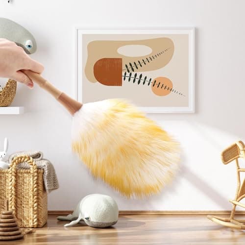 FeelfunFeather Feather Duster, Lambswool Duster for Cleaning,with Solid Wooden Handle,Leather Hang Strap,Anti-Static 14.9 inch Washable Reusable Small Hand Duster(Natural) for Office, Home and Car 7