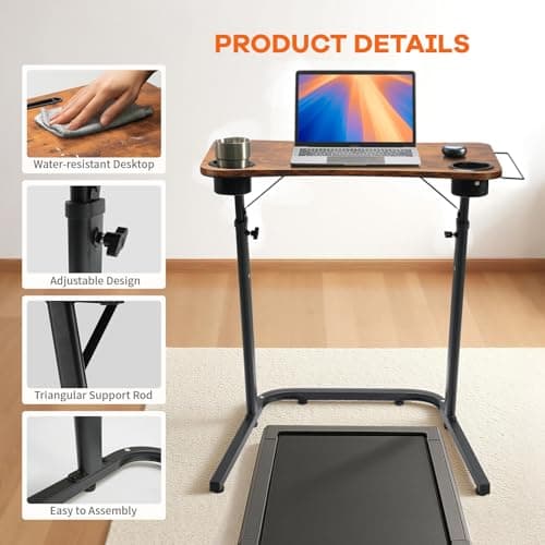 HOMELYM Treadmill Desk, Small Standing Desk for Walking Pad, 30-47 Inch Adjustable Height Walking Pad Stand for Treadmill, Portable Standing Table for Bike and Home Office Work - Brown 5