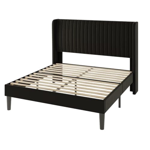 Allewie Queen Size Velvet Bed Frame/Vertical Channel Tufted Wingback Headboard/Upholstered Platform Bed/Strong Wooden Slats/No Box Spring Needed/Easy Assembly/Black 9