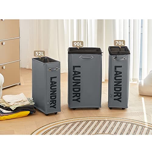 DOKEHOM 25-Inches Slim Laundry Basket on Wheels, Collapsible Rolling Laundry Hamper, Foldable Narrow Corner Clothes Storage Bins (Dark Grey) 8