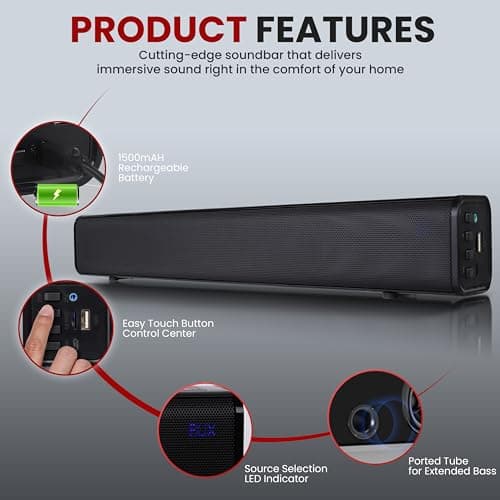 Pyle Home Theater Soundbar Speaker – Wave Base Wireless Bluetooth TV Sound System with AUX, USB, Micro SD Inputs – Tabletop Stand Mount with Extended Bass and Full Range Audio 5