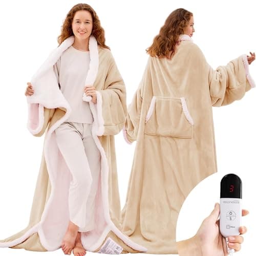 JOLLYVOGUE Wearable Heated Blanket - Heating Electric Blanket with Sleeves & Foot Pocket, Heated Throw for Adult, Birthday Gifts with 7 Heat Settings & fixed 4h Auto Shut-off (50 * 70 Inch, Beige)