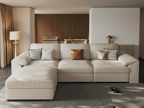 EASE MOOSE Leather Sectional Couch, Oversized Modular Sectional Sofas, Wide Deep Seat Modular Couch, Scratch Resistant Faux Leather Material, L Shaped Sofa for Big Spaces, Beige
