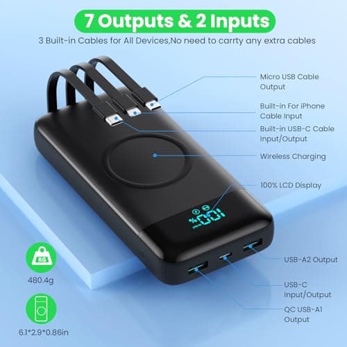 Wireless Portable Charger 40800mAh with 3 Built-in Cables,7-in-1 15W Wireless Charging Power Bank,25W PD QC 4.0 Fast Charging USB C Travel Essentials Battery Pack for iPhone 17/16/15/14,Galaxy,Android 5