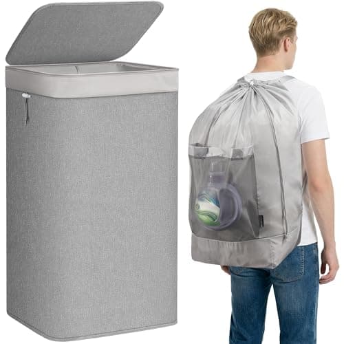 STORAGE MANIAC 2-in-1 Laundry Hamper with Laundry Backpack Bag, 90L Metal Frame Laundry Basket, Dirty Clothes Bag with Shoulder Straps and Mesh Pocket for College, Travel, Laundromat, Apartment, Gray