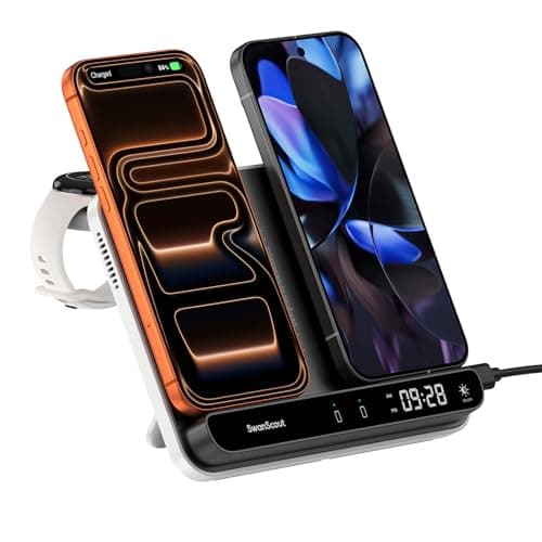 Dual Phone Wireless Charger for iPhone 17/16/15/14 Series, for Galaxy S25/S24/S23/S22, for Pixel 9 Pro Fold/8/7, Only for Pixel Watch 3/2(Not for Watch 4/1), Fitbit Versa 4/3/Sense 2, SwanScout 710FG2