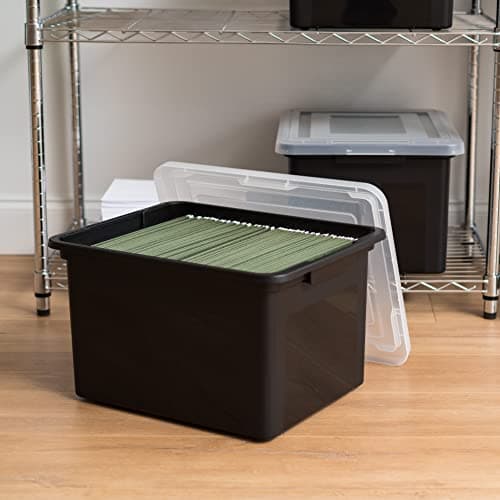 IRIS USA File Box, Plastic File Organizer with Lids for Letter/Legal File, Portable Document Box For Moving, Storage Bin with Durable and Secure Lid, Stackable Nestable BPA-Free, Black 35 Qt. 4 Pack 8