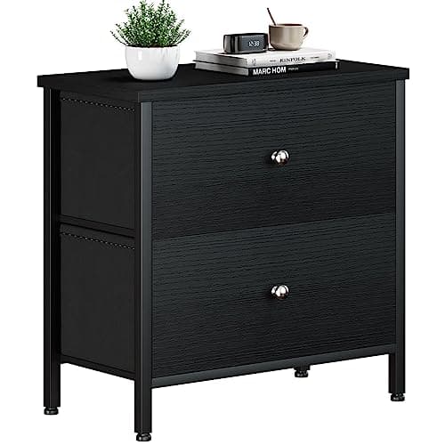 BOLUO Black Nightstand 2 Drawer Dresser for Bedroom,Small Night Stand End Table with Fabric Drawers Modern