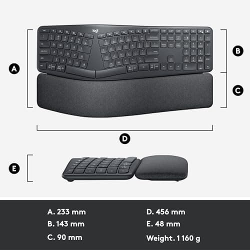 Logitech Ergo K860 Wireless Ergonomic Keyboard - Split Keyboard, Wrist Rest, Natural Typing, Stain-Resistant Fabric, Bluetooth and USB Connectivity, Compatible with Windows/Mac, Black 13